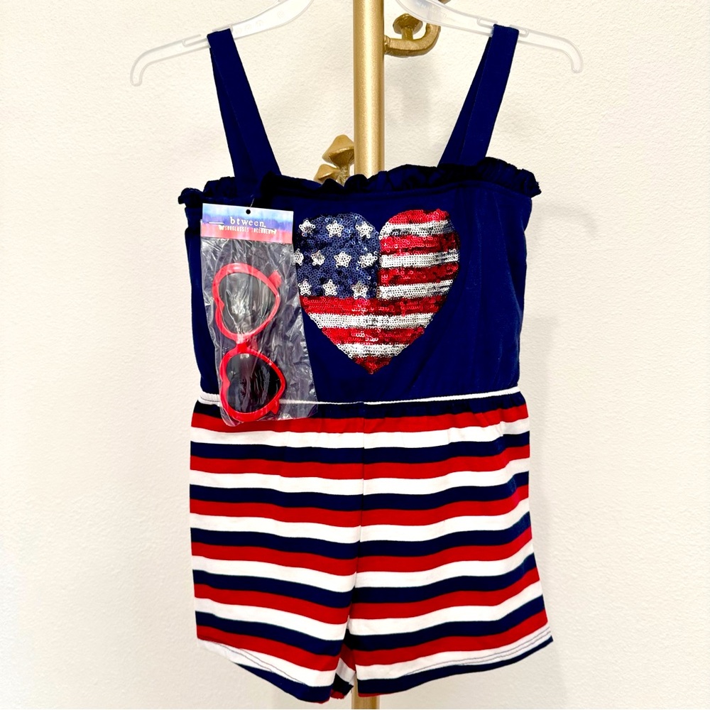 Btween Navy Red White Striped Sequins Heart Americana Sleeveless Ruffled Romper